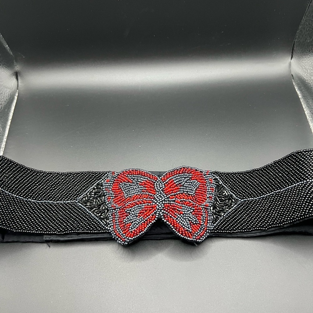 Vintage Sz S Micheline Burke Black & Red Beaded Butterfly Wrap Belt 70s 80s